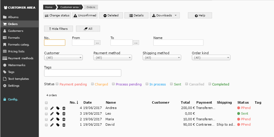 online store and customer area for photographers customers' orders in the online store and customer area