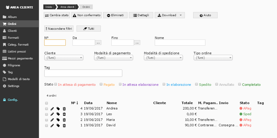 area riservata e all'utente online